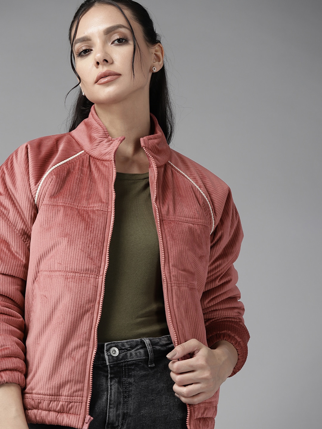 Roadster Women Dusty Pink Solid Corduroy Padded Jacket Price in India