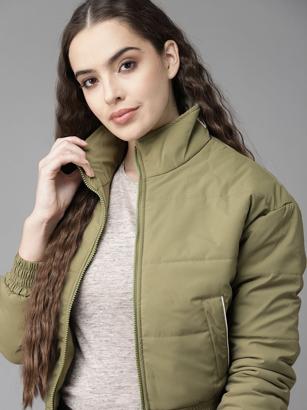 Roadster Women Olive Green Solid Bomber Jacket Price in India