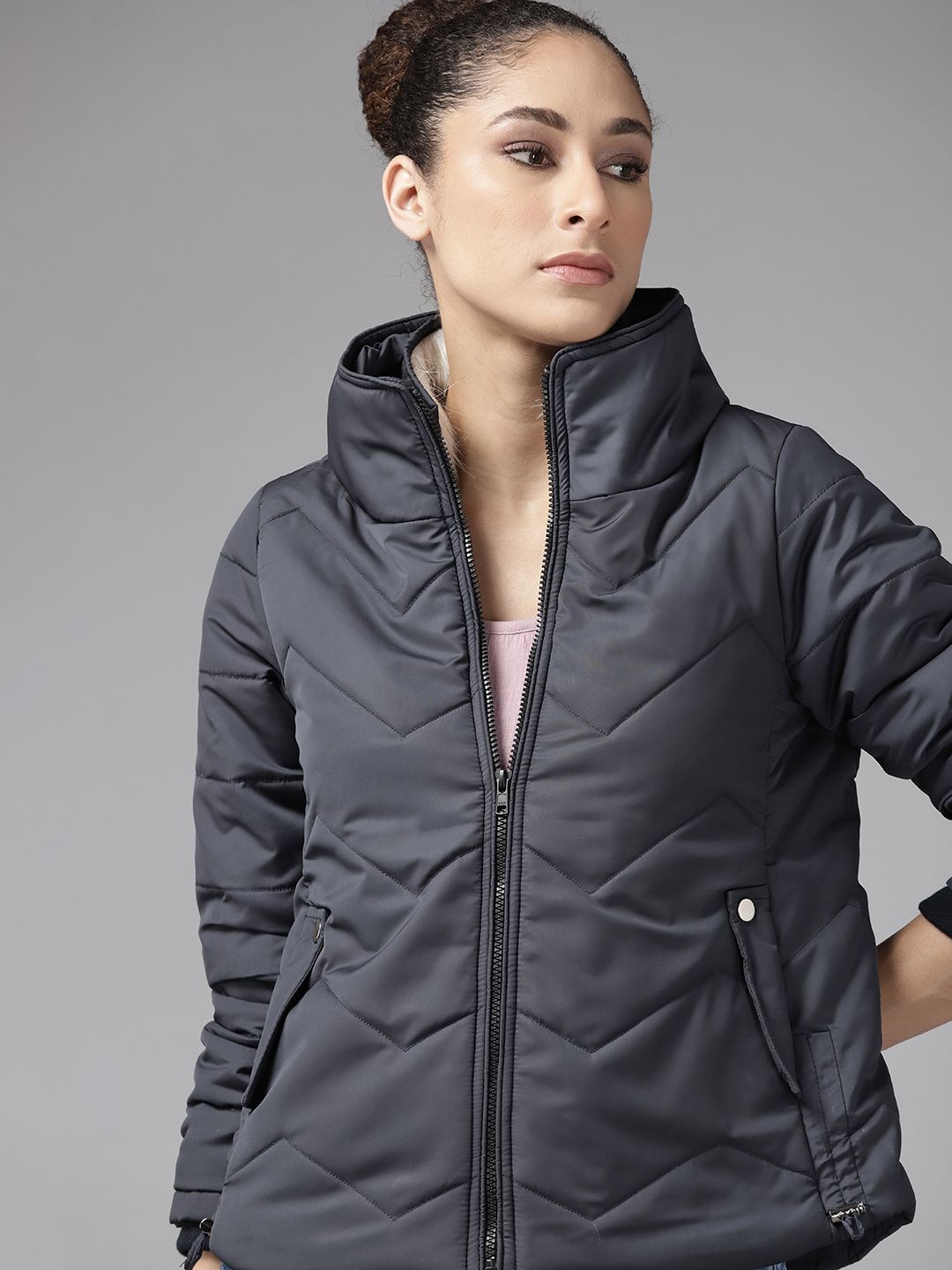 Roadster Women Navy Blue Padded Jacket Price in India