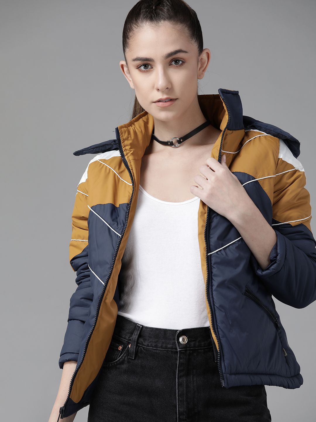 Roadster Women Navy Blue & Mustard Brown Colourblocked Padded Jacket with Detachable Hood Price in India