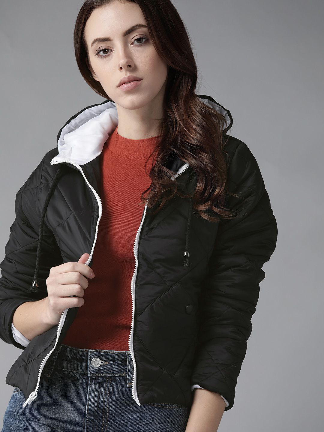 Roadster Women Black Hooded Quilted Jacket Price in India