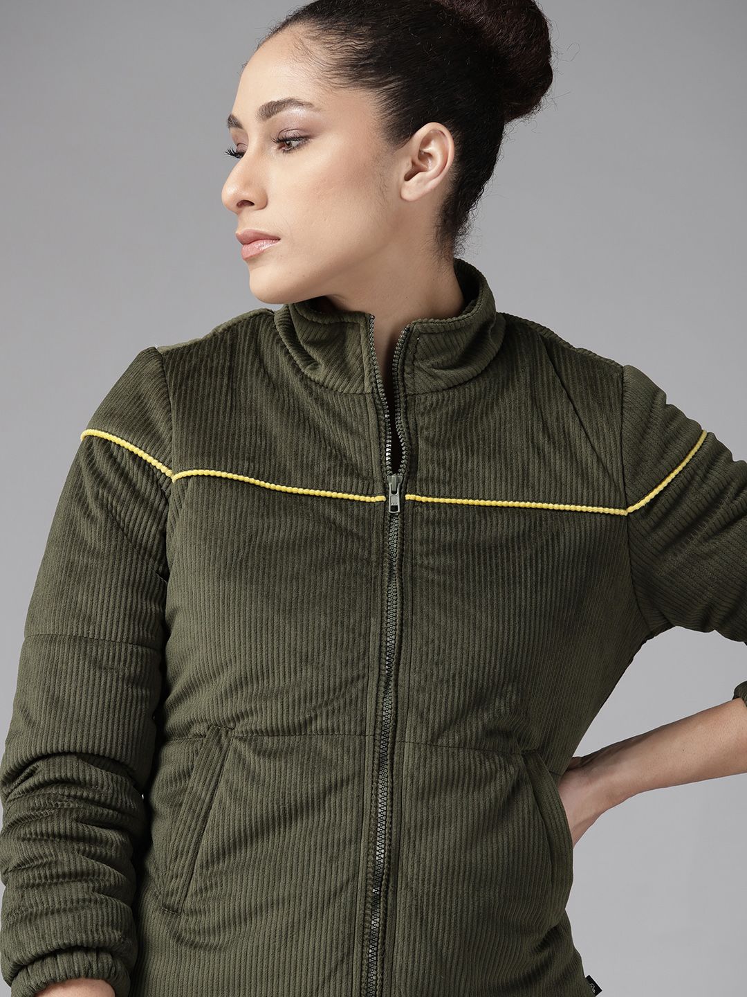 Roadster Women Olive Green Solid Corduroy Jacket Price in India