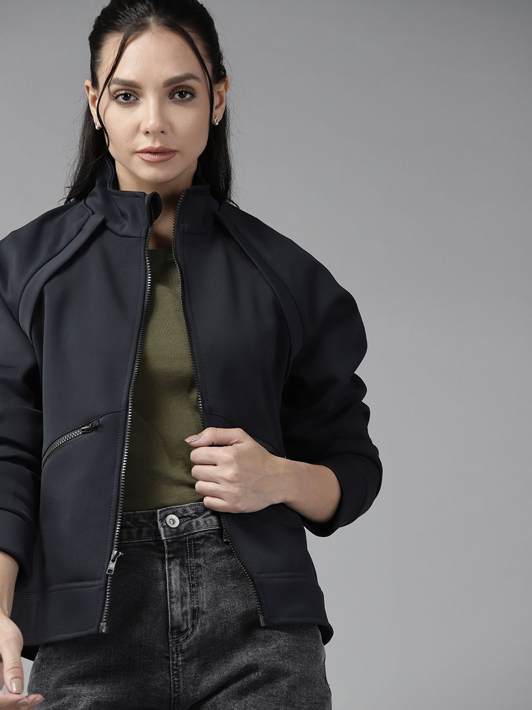 Roadster Women Solid Navy Blue Tailored Jacket with Detachable Sleeves Price in India