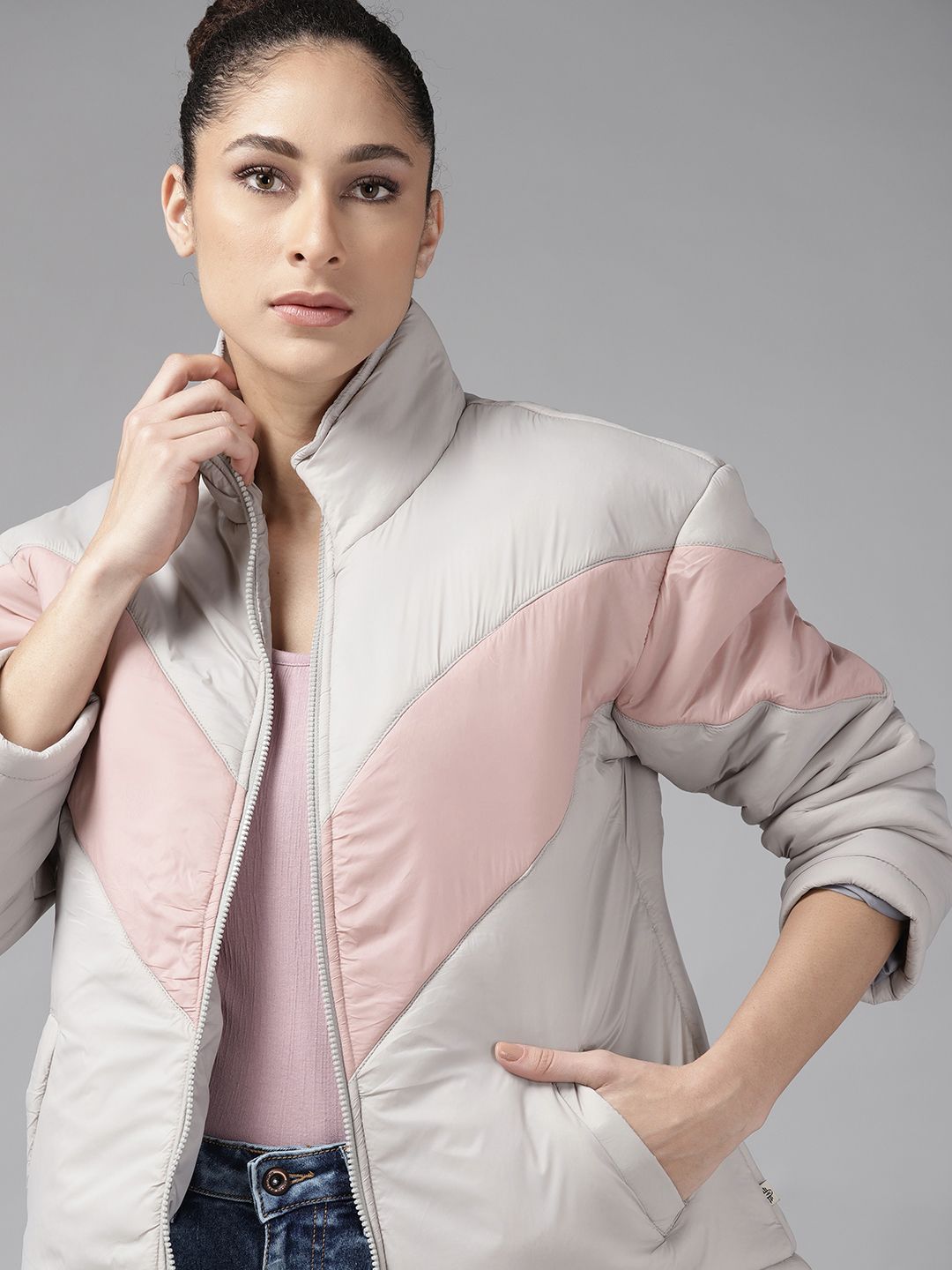 Roadster Women Grey Pink Colourblocked Padded Jacket Price in India