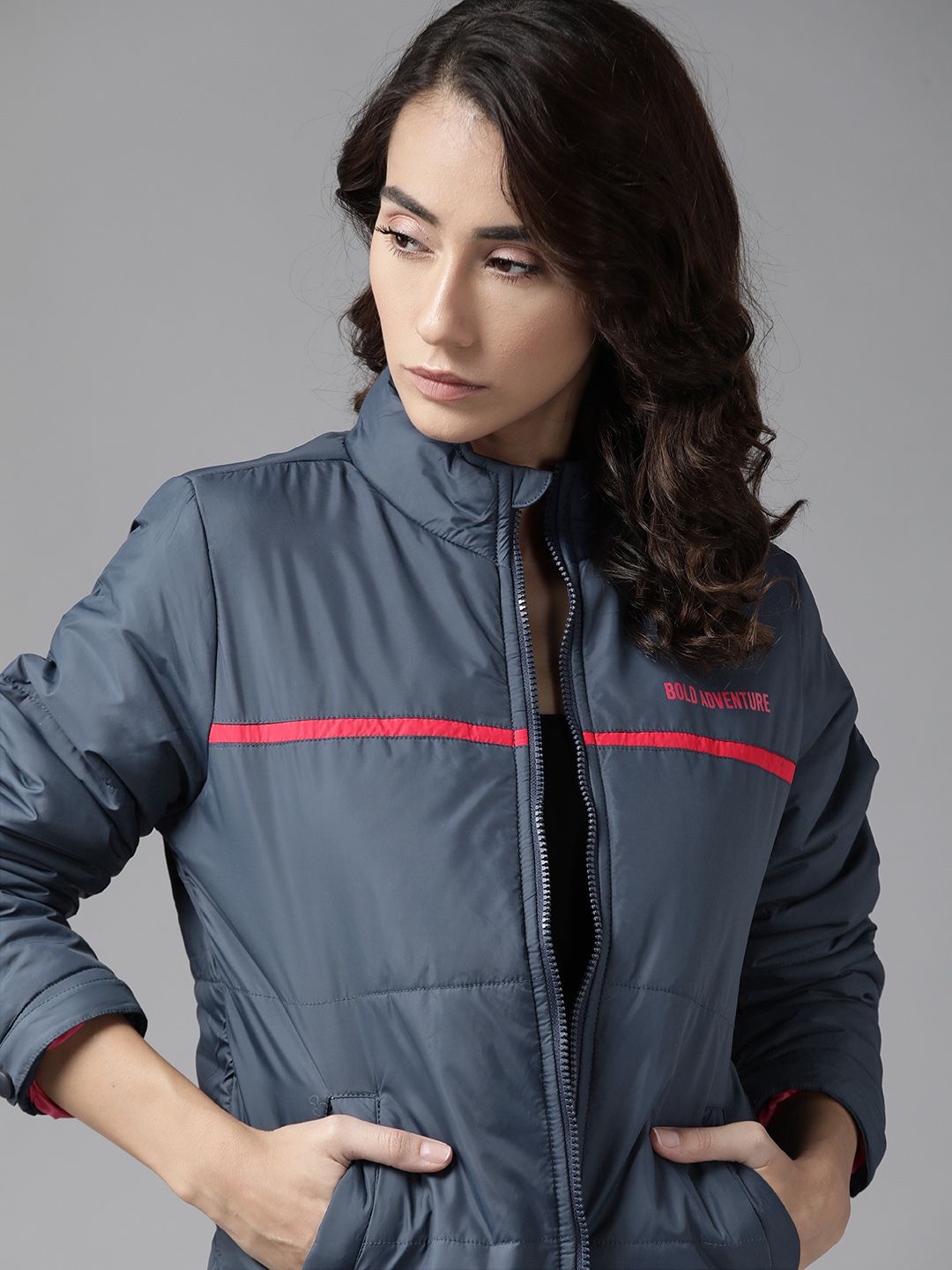 Roadster Women Navy Blue Solid Padded Jacket Price in India