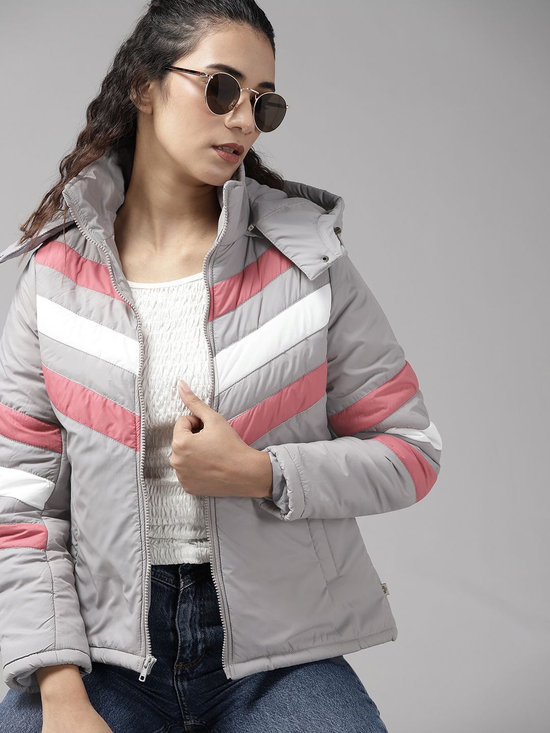 Roadster Women Grey Pink Striped Padded Jacket Price in India
