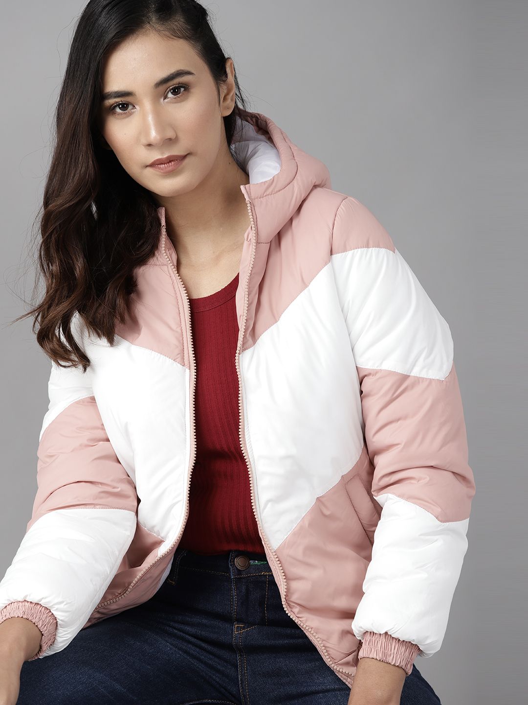 Roadster Women Pink White Colourblocked Bomber Jacket Price in India