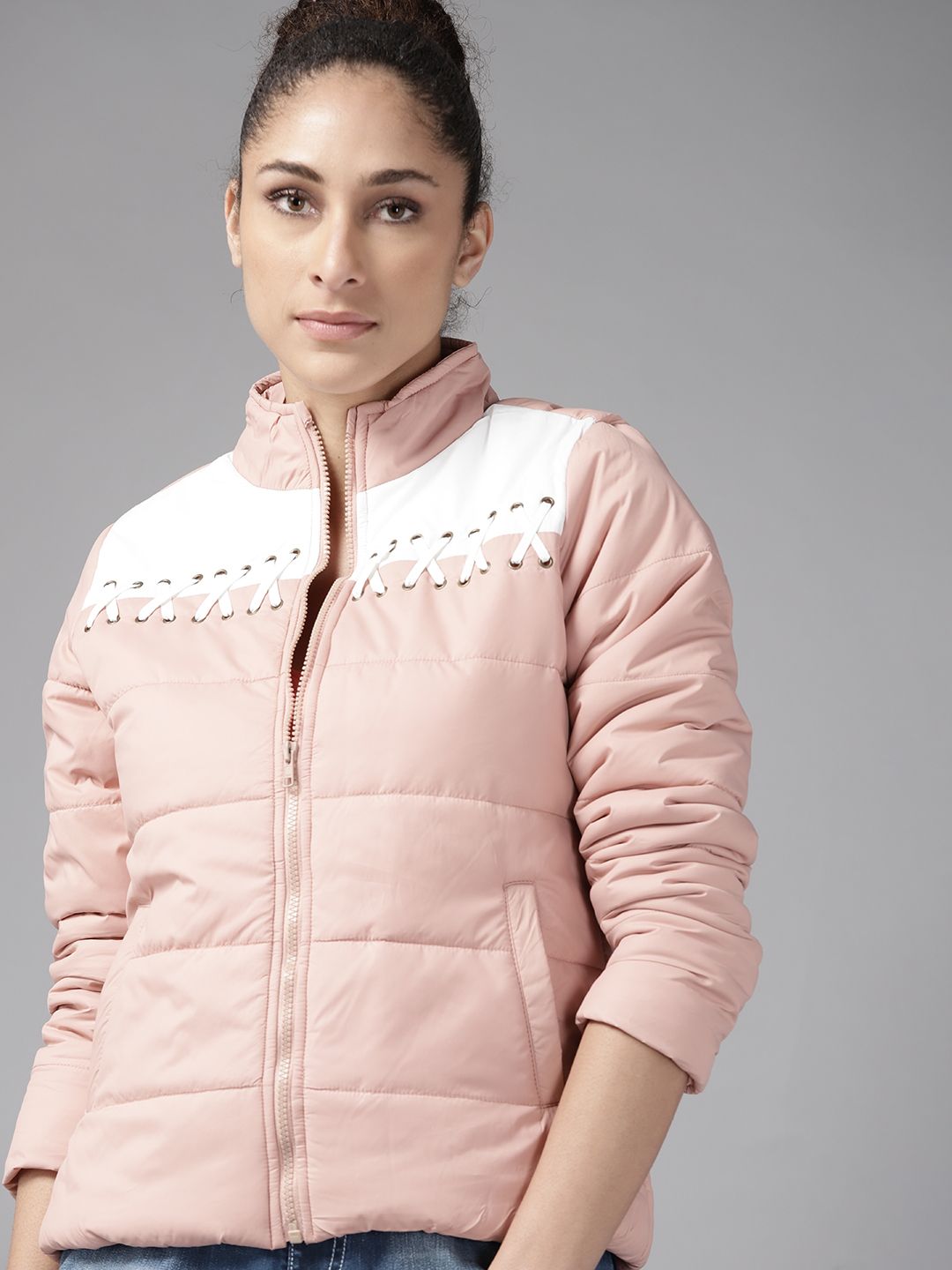 Roadster Women Peach-Coloured White Padded Jacket Price in India