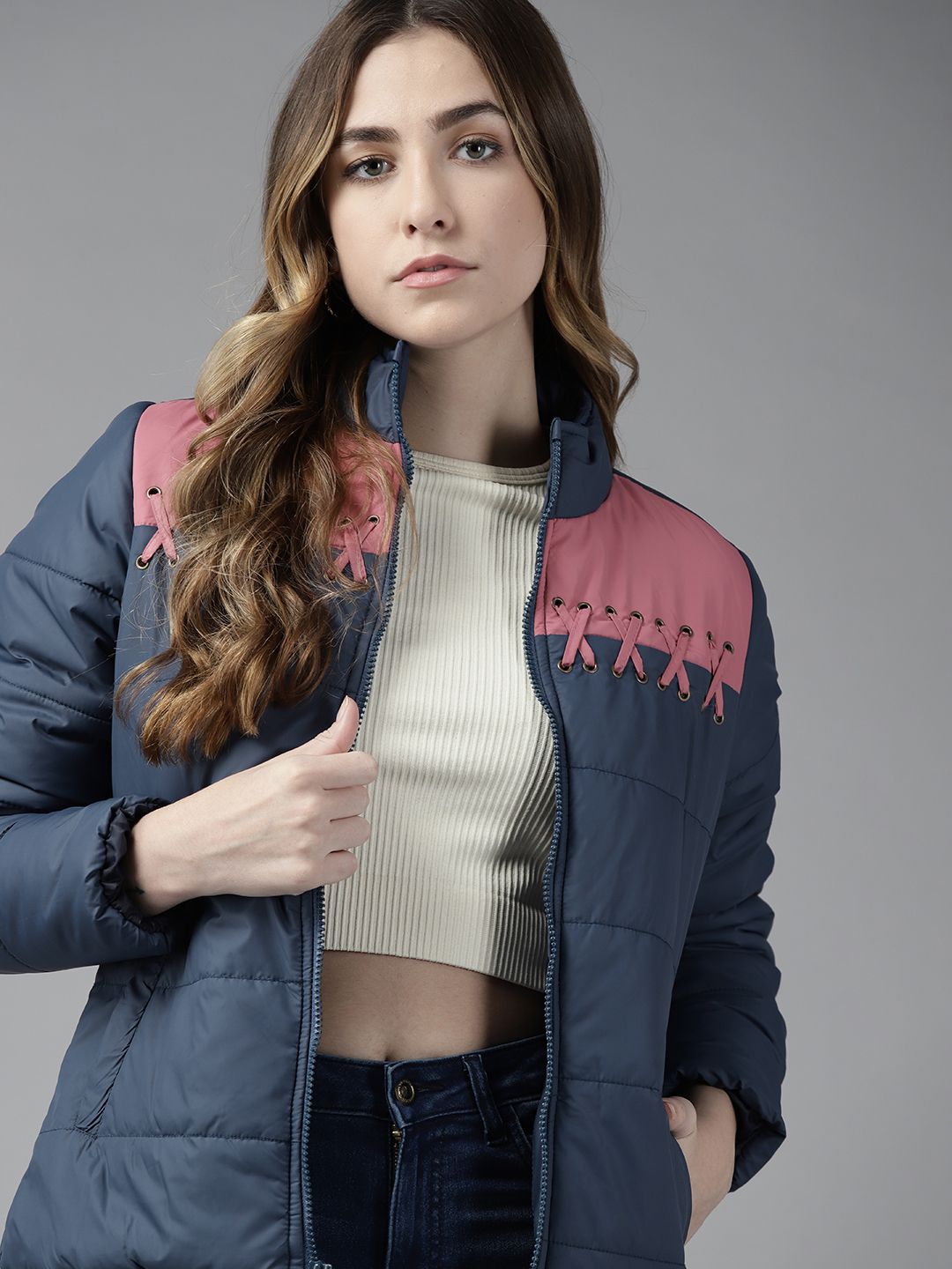 Roadster Women Navy Blue & Pink Colourblocked Lace-Up Padded Jacket Price in India