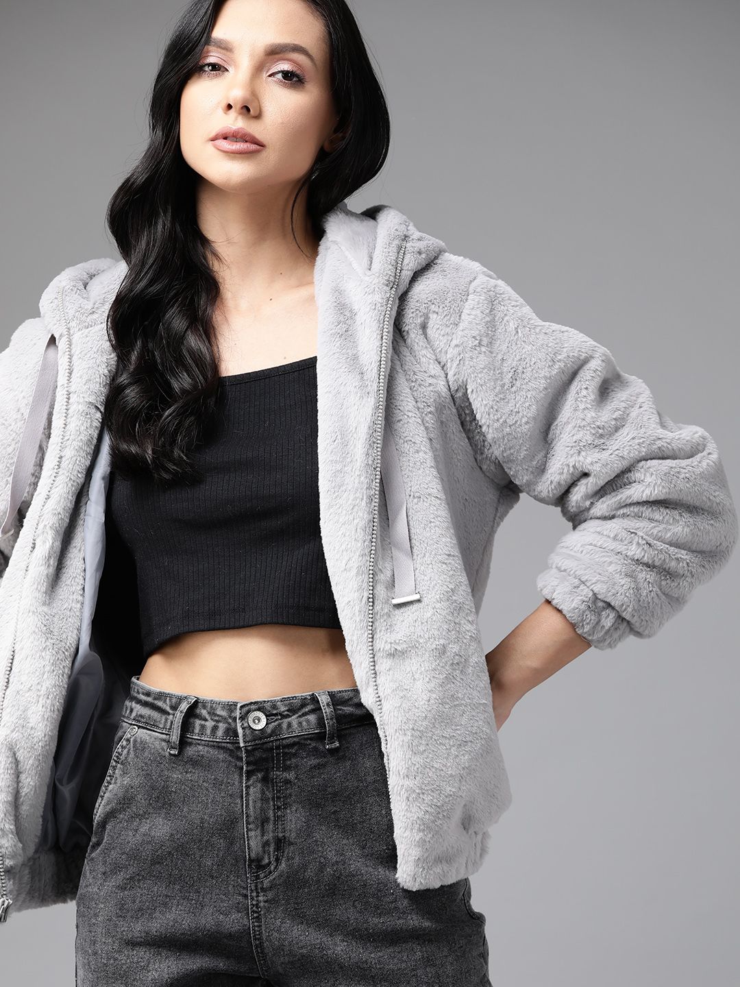 Roadster Women Grey Tailored Fur Jacket Price in India