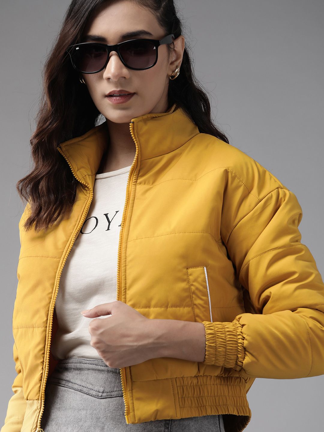 Roadster Women Mustard Yellow Solid Bomber Jacket Price in India
