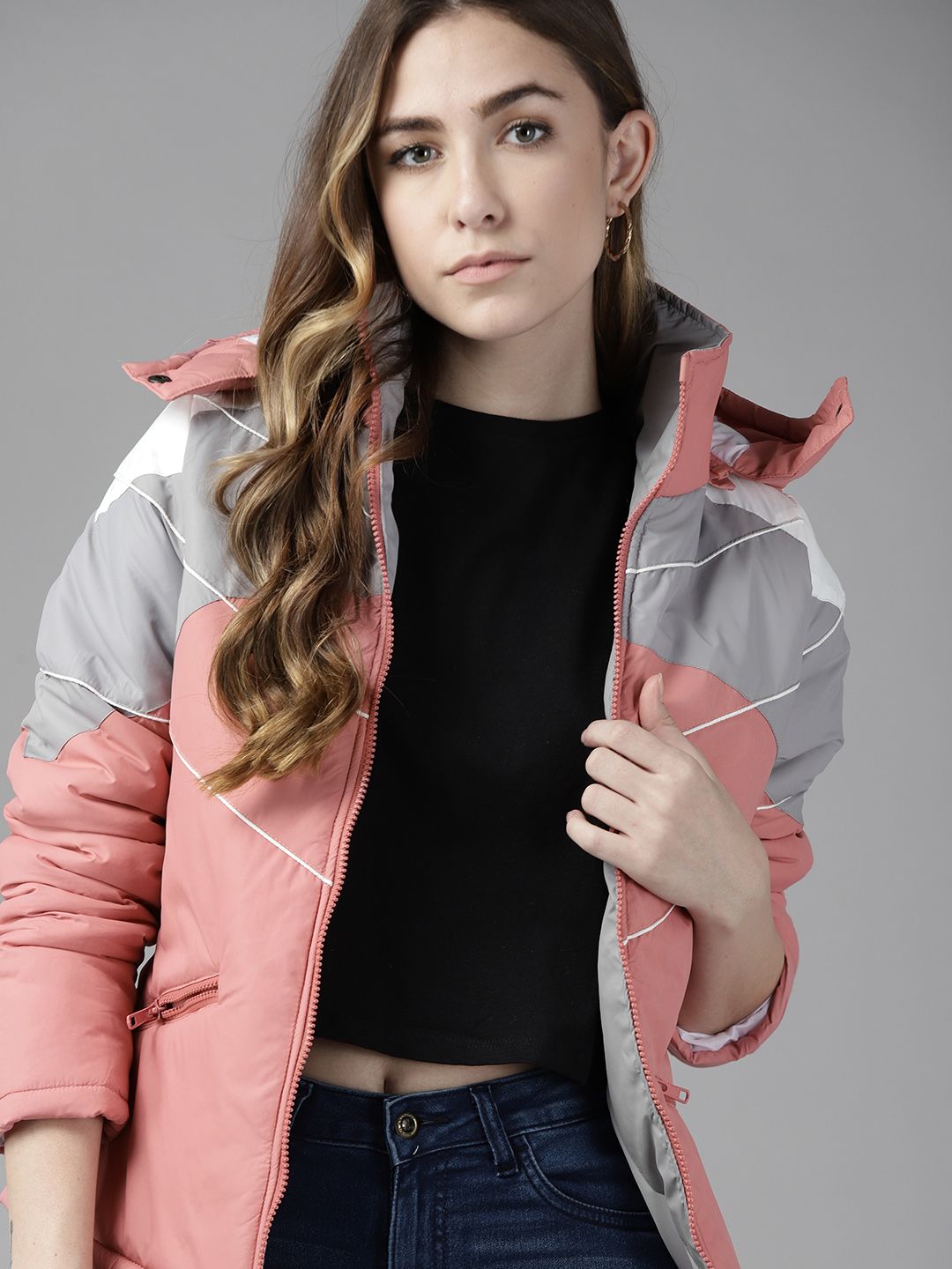 Roadster Women Pink  & Grey Colourblocked Padded Jacket with Detachable Hood Price in India