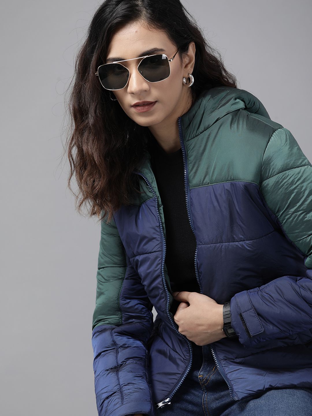 Roadster Women Navy Blue & Green Colourblocked Padded Jacket Price in India