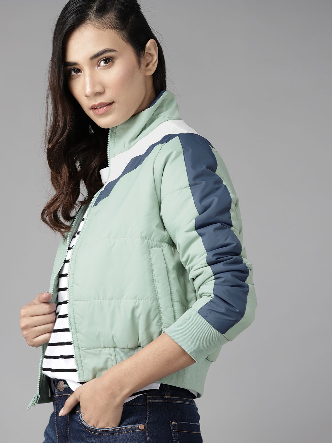 Roadster Women Green White Striped Bomber Jacket Price in India