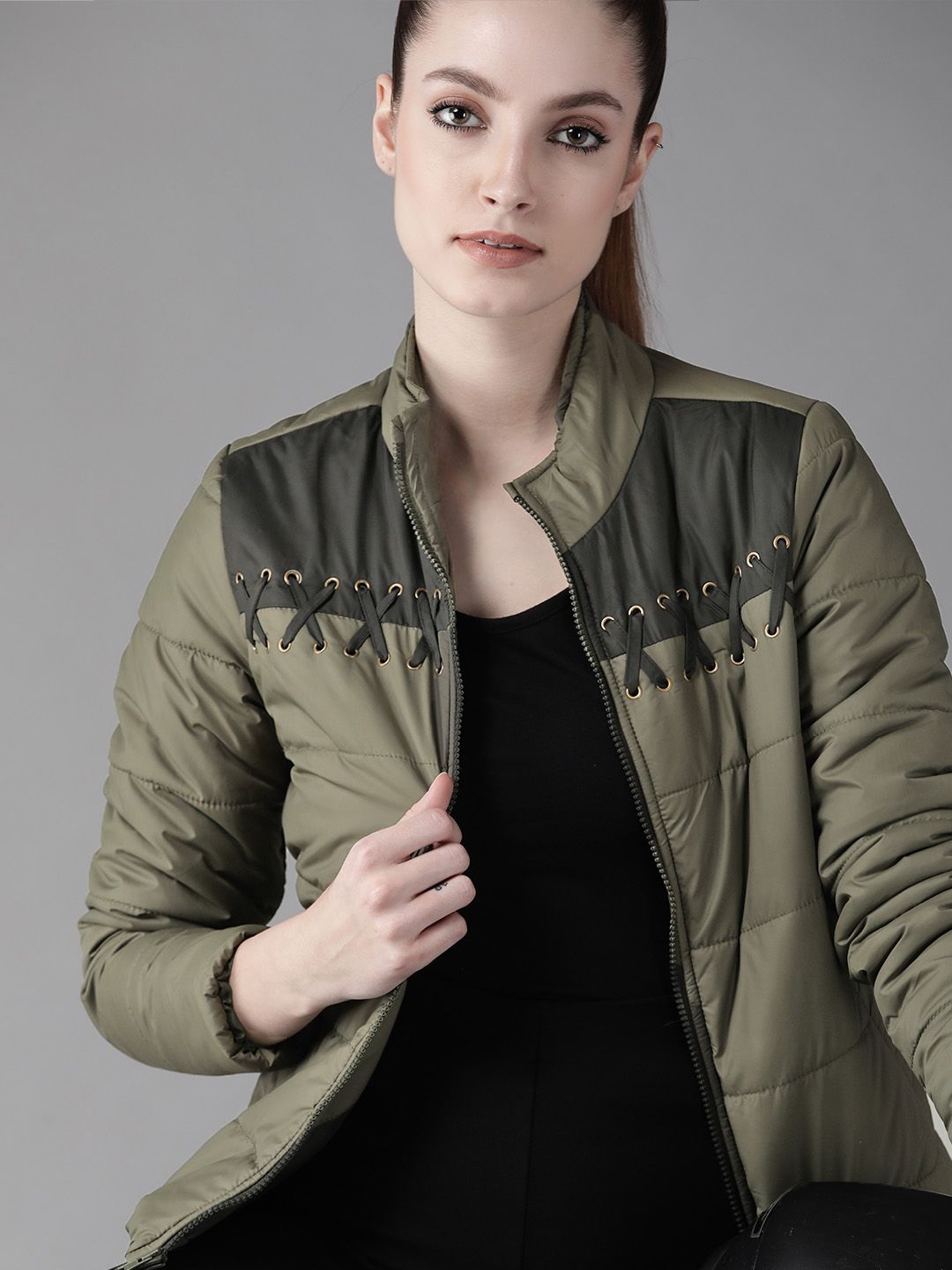 Roadster Women Olive Green Colourblocked Padded Jacket Price in India