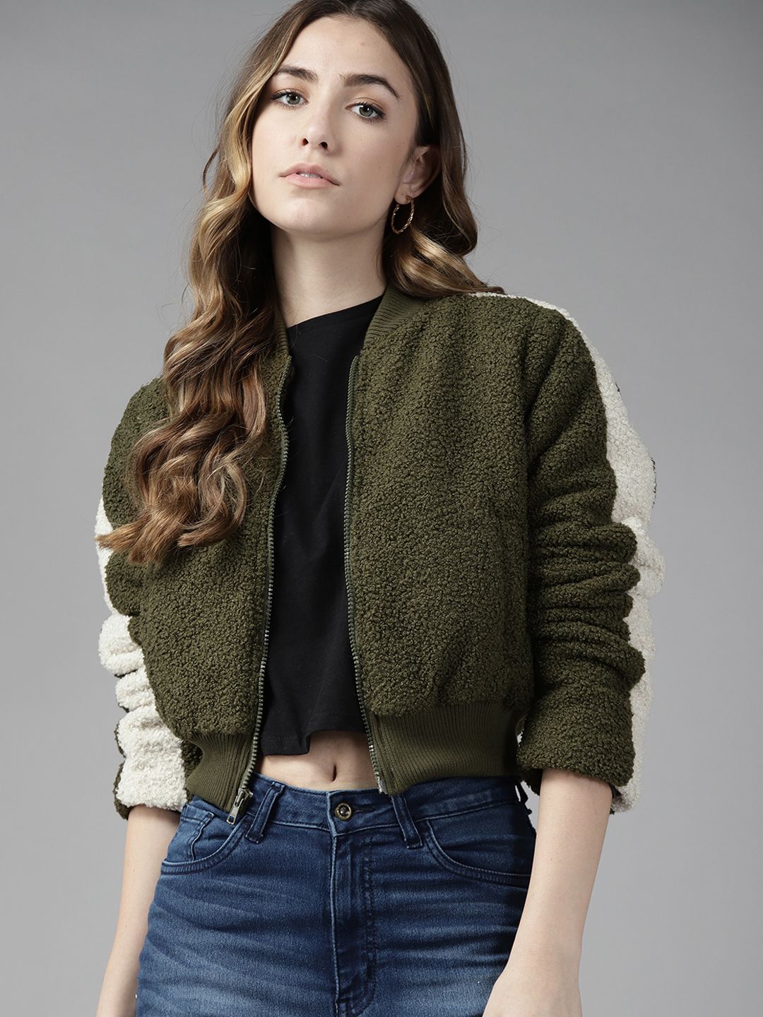 Roadster Women Olive Green Sherpa Jacket with Embroidered Back Price in India