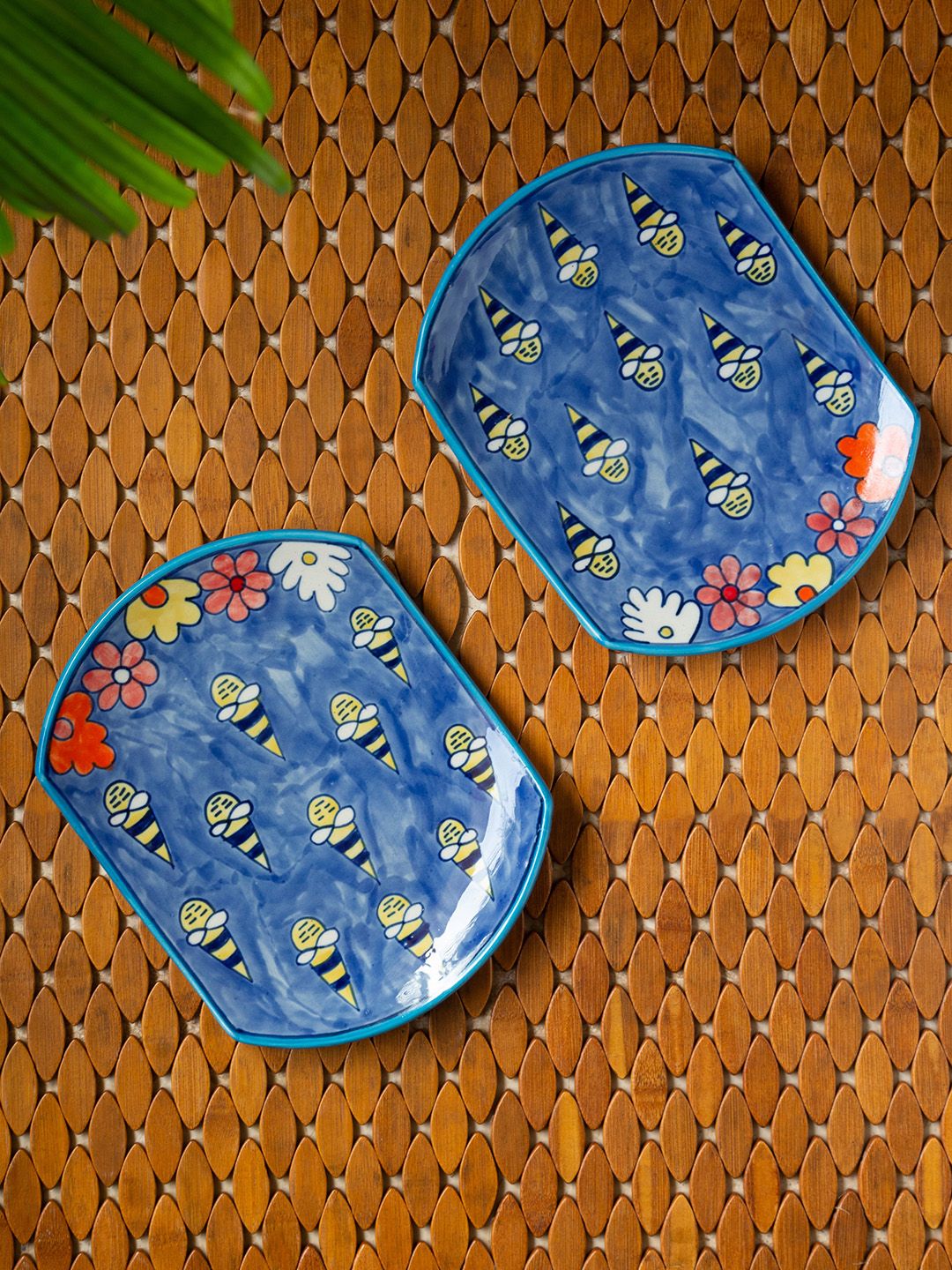 ExclusiveLane Set of 2 Blue & Yellow Ceramic Dinner Plates Price in India