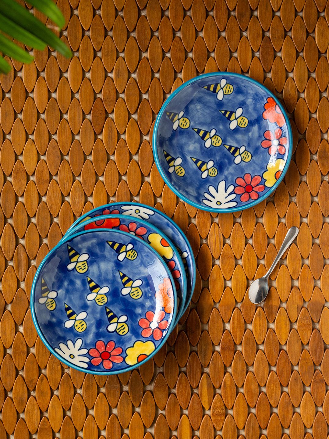 ExclusiveLane Set of 4 Blue & Pink Hand-painted Ceramic Microwave Safe Quarter Plates Price in India
