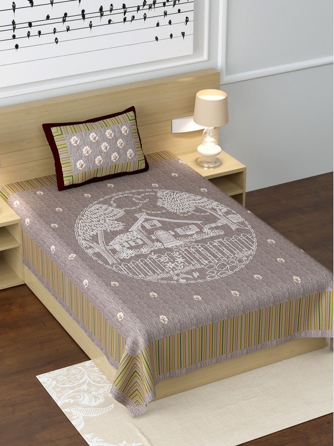 LIVING ROOTS Taupe & White Ethnic Motifs 210 TC Cotton 1 Single Bedsheet with 1 Pillow Covers Price in India