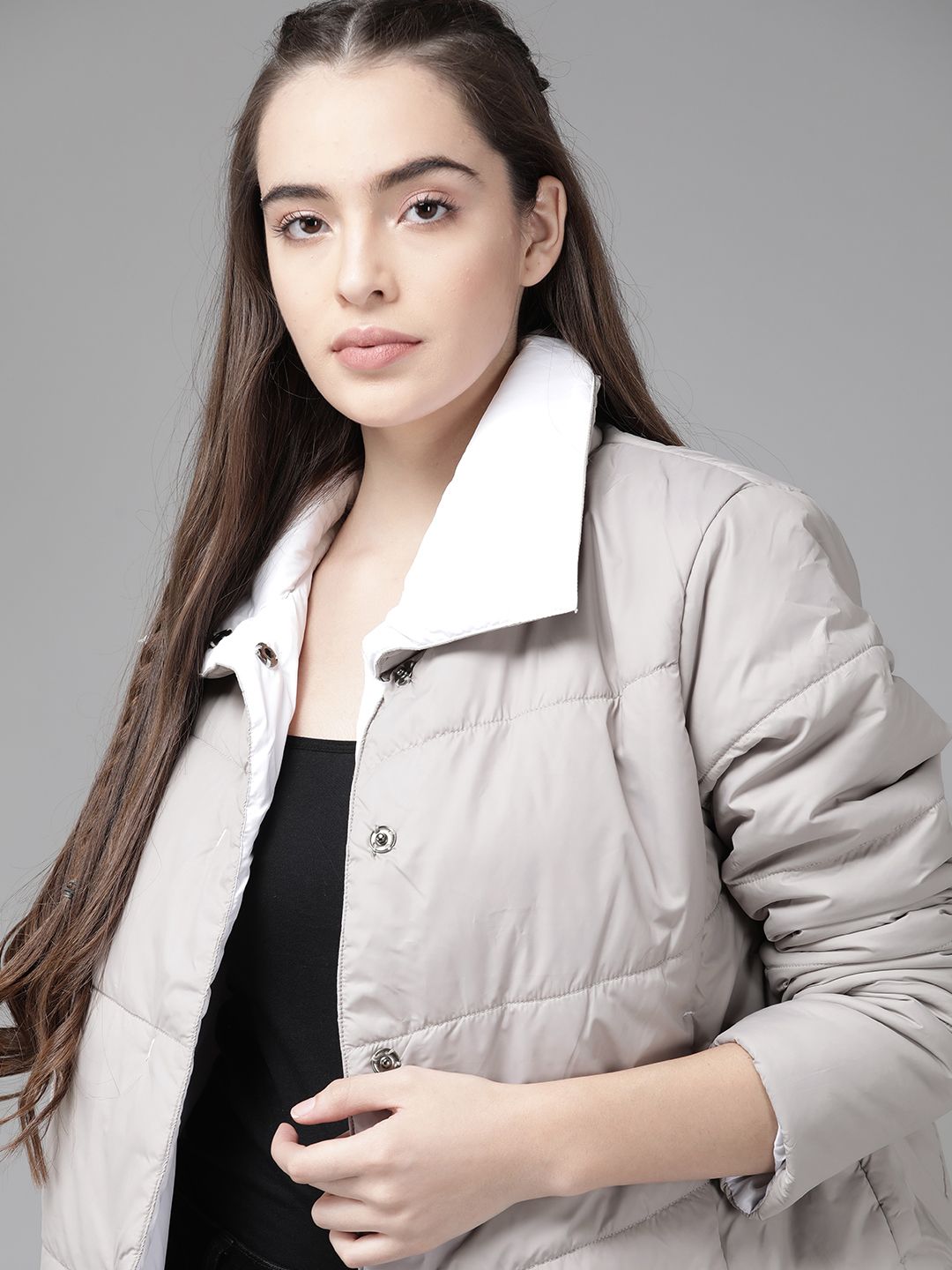 Roadster Women Grey Solid Padded Jacket Price in India