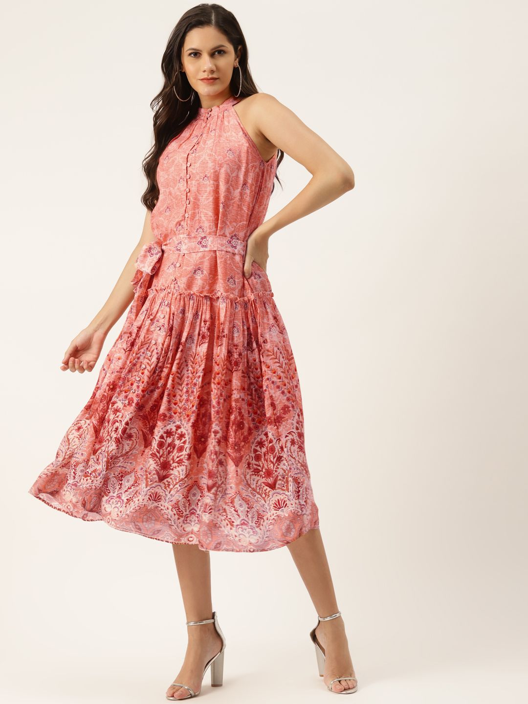 Ritu Kumar Pink & Off White Ethnic Motifs Midi Dress Price in India