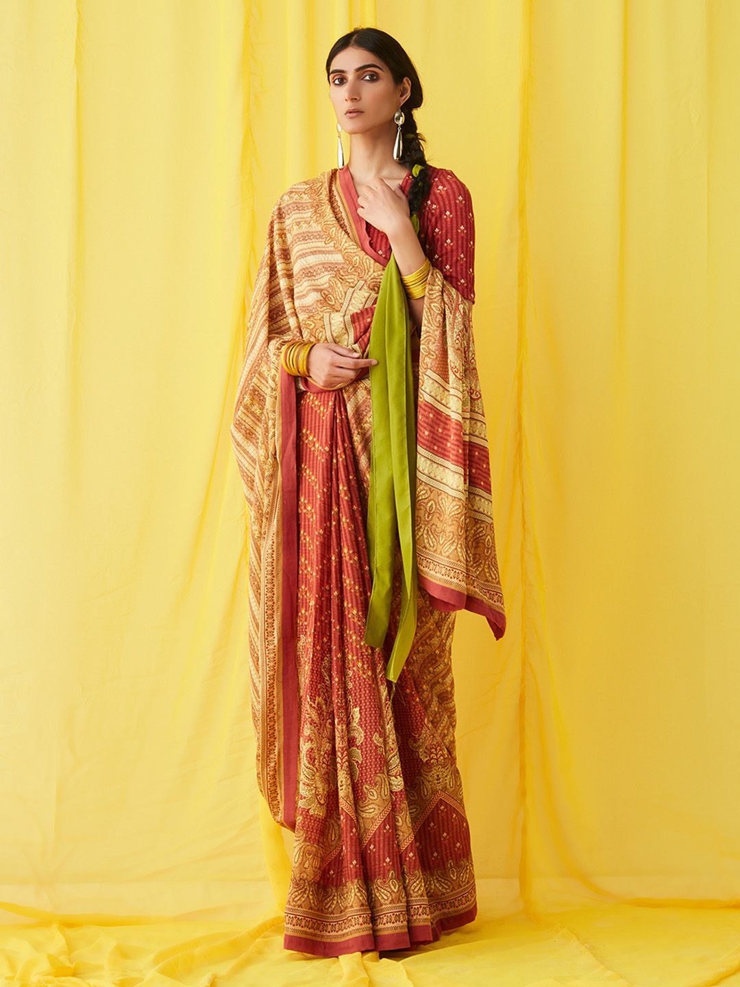 Ritu Kumar Yellow & Red Ethnic Motifs Saree Price in India