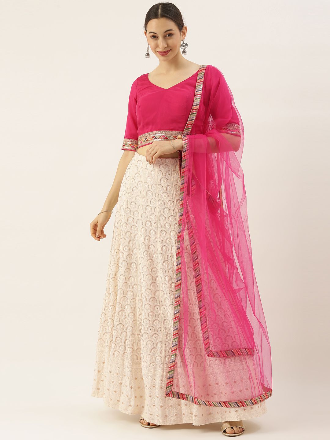 EthnoVogue Pink & Off White Sequinned Made to Measure Lehenga & Blouse With Dupatta Price in India