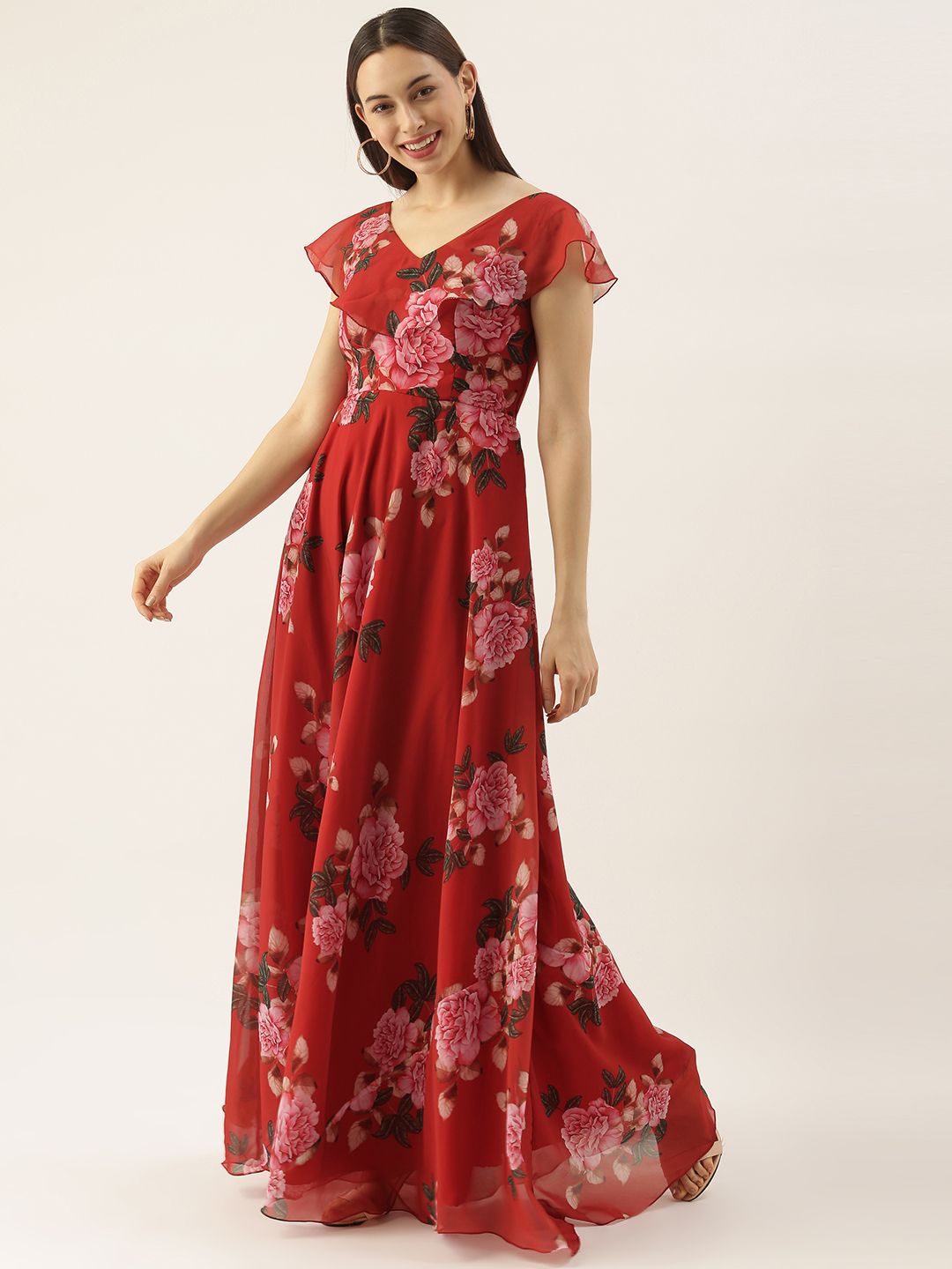 EthnoVogue Rust Floral Georgette Maxi Dress Price in India