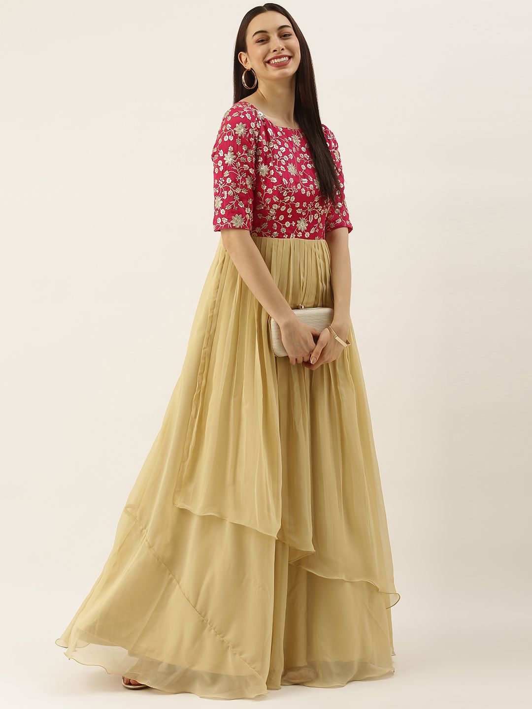 EthnoVogue Beige & Red Embroidered Georgette Ethnic Maxi Dress Price in India