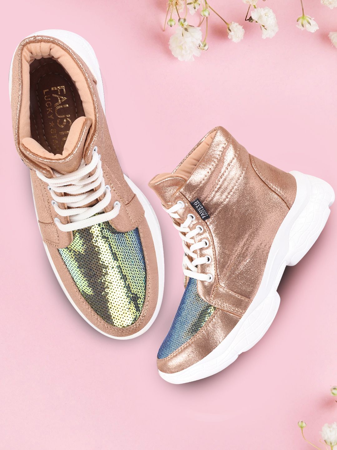 FAUSTO Women Gold-Toned High-Top Sneakers Price in India