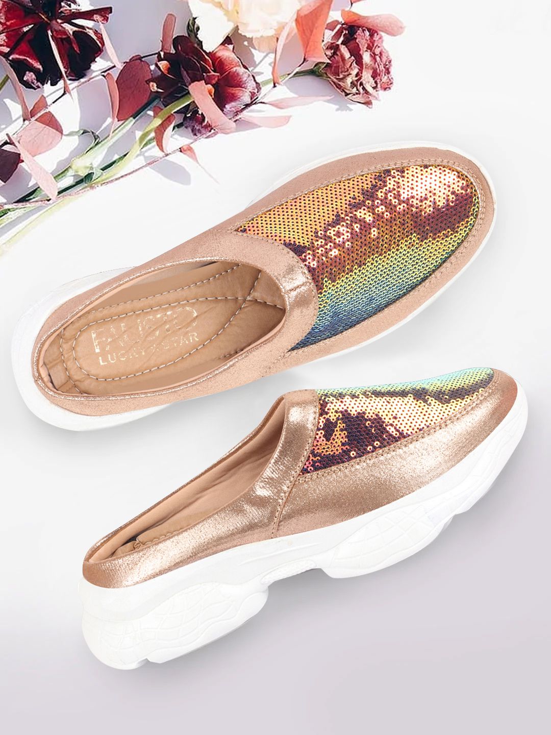 FAUSTO Women Gold-Toned Colourblocked PU Slip-On Sneakers Price in India