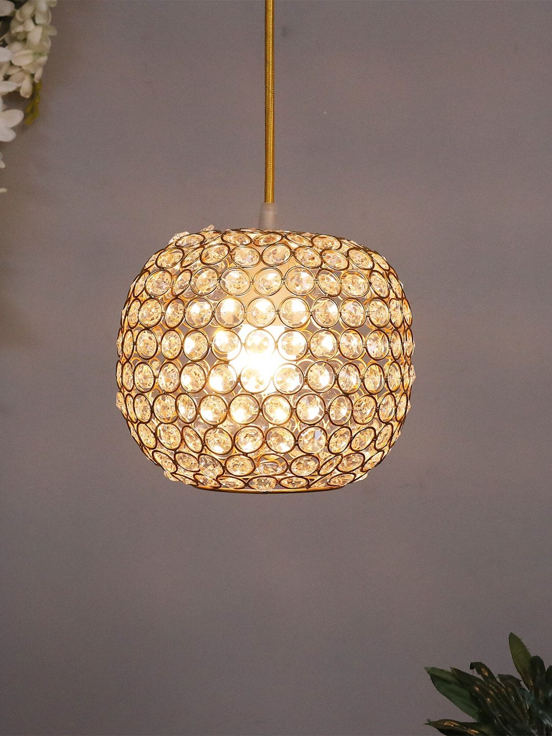 Homesake Gold-Toned & Transparent Self Design Contemporary Hanging Lamp Price in India