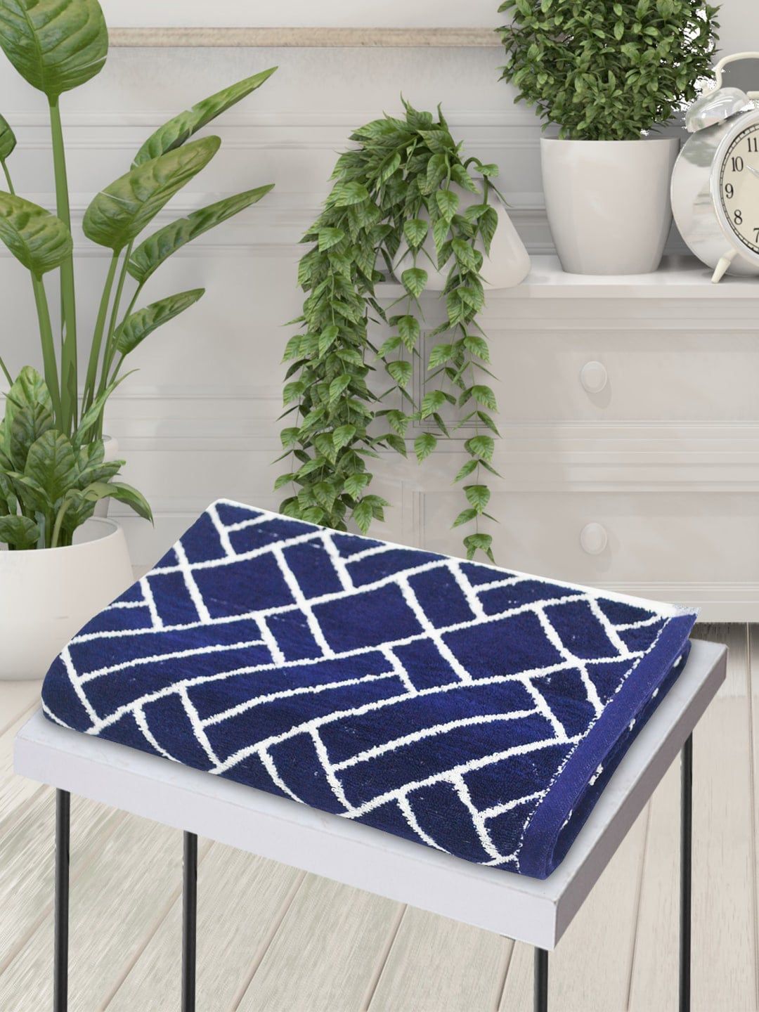 BIANCA Unisex Navy Blue & White Bumpy-Striped 450 GSM Mercerized 100% Combed Cotton Bath Towel Price in India