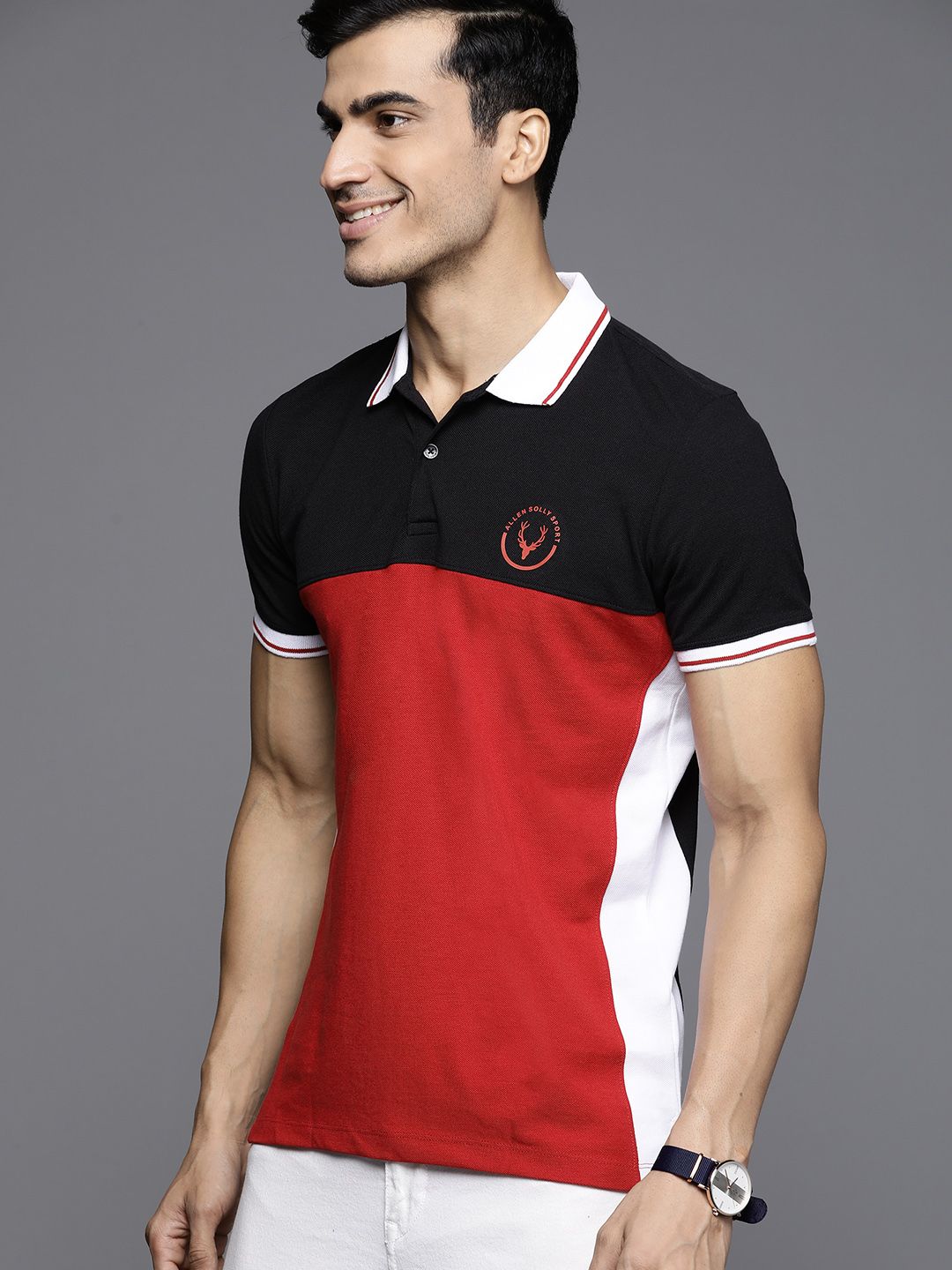 Allen Solly Sport Men Black & Red Colourblocked Polo Collar T-shirt