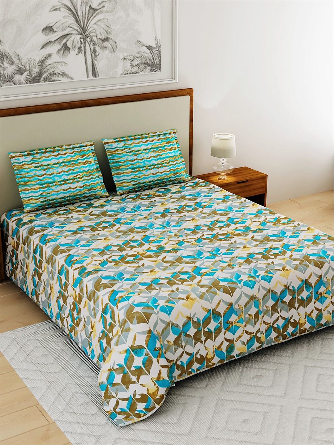 Salona Bichona White & Blue Abstract 104 TC Cotton 1 Queen Bedsheet with 2 Pillow Covers Price in India