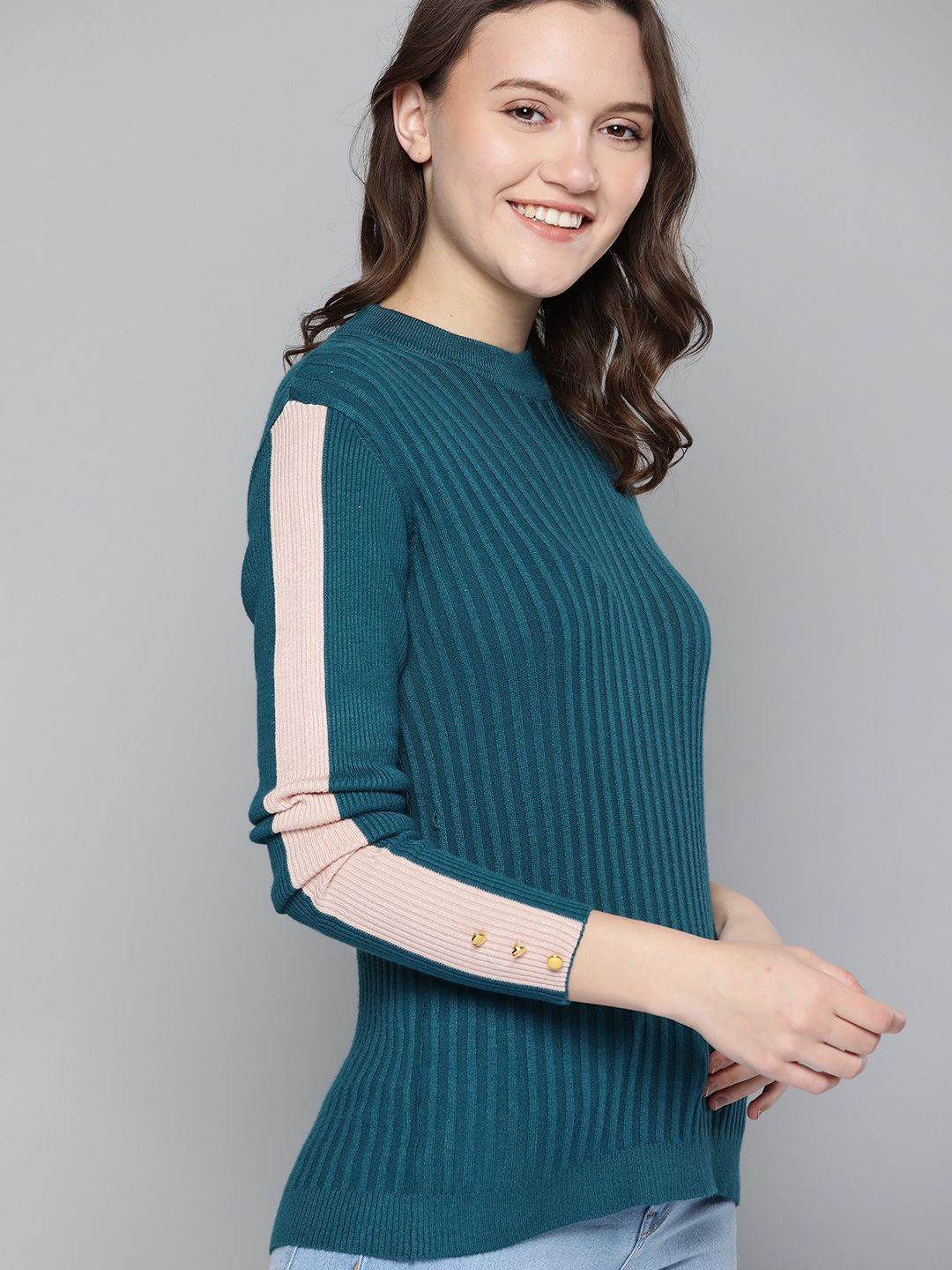 Mast & Harbour Women Teal Blue  Ribbed Pullover Price in India