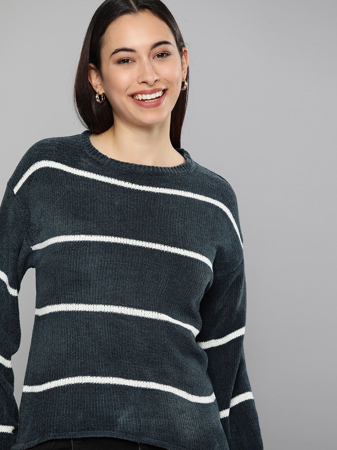 Mast & Harbour Women Navy Blue & White Striped Pullover Price in India