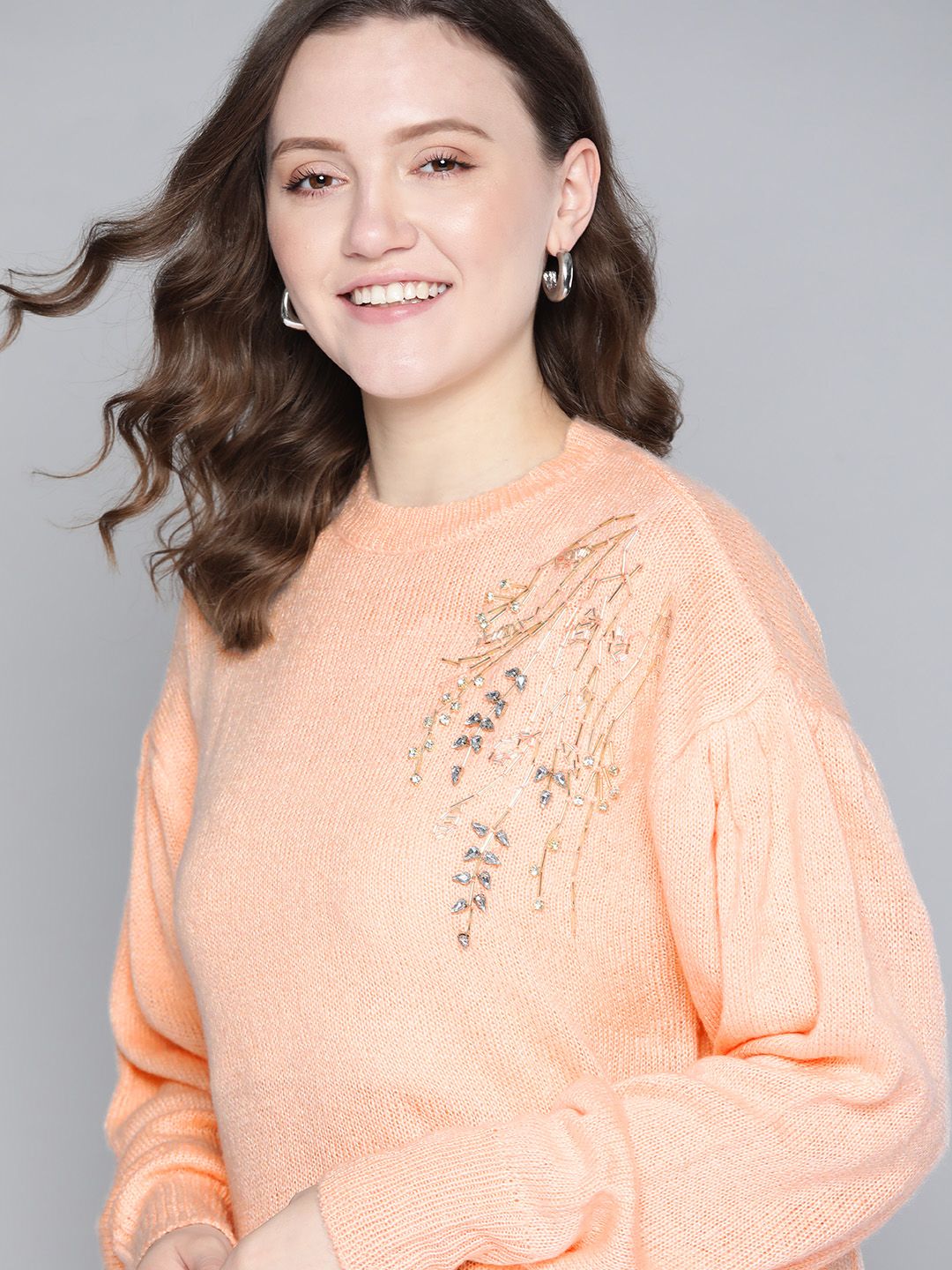 Mast & Harbour Women Peach-Coloured Pullover with Embellished Detail Price in India