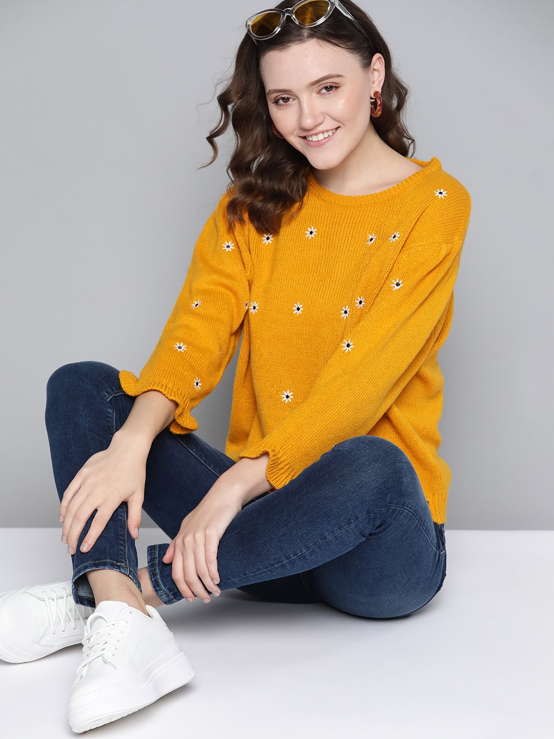 Mast & Harbour Women Mustard Yellow Floral Pullover Price in India