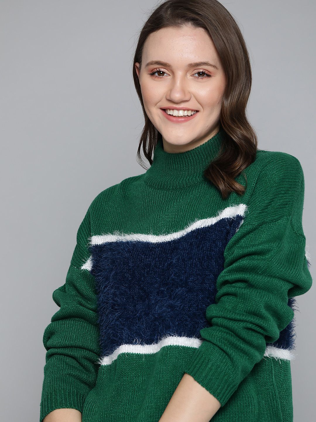 Mast & Harbour Women Green & Navy Blue Colourblocked Pullover Price in India