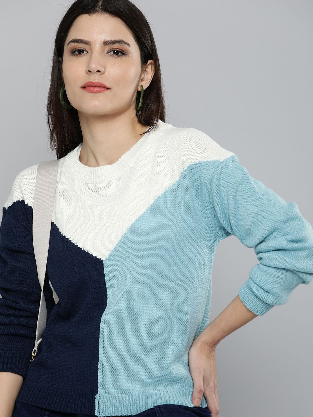 Mast & Harbour Women Blue & White Colourblocked Pullover Sweater Price in India