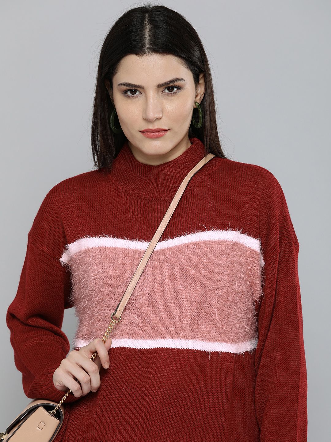 Mast & Harbour Women Maroon Colourblocked Pullover Sweater Price in India