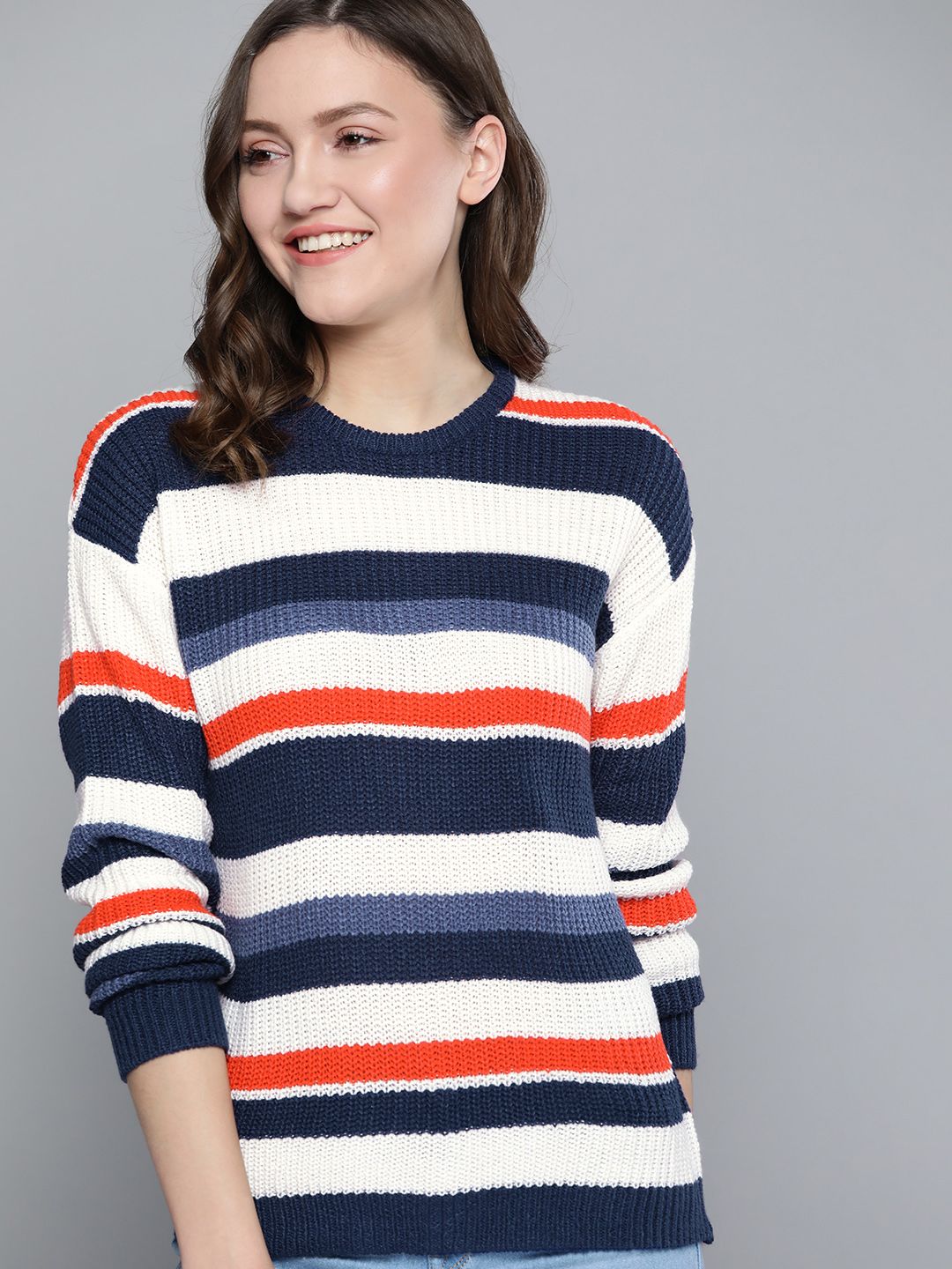 Mast & Harbour Women White & Blue Striped Pullover Price in India