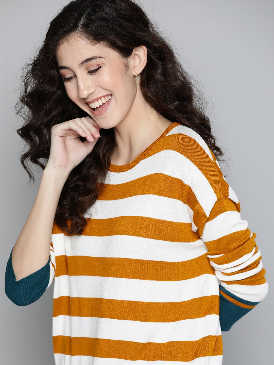 Mast & Harbour Women Mustard Yellow & White Striped Pullover Price in India