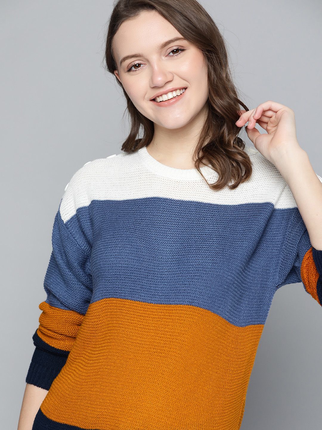 Mast & Harbour Women Blue & Mustard Yellow Colourblocked Pullover Price in India