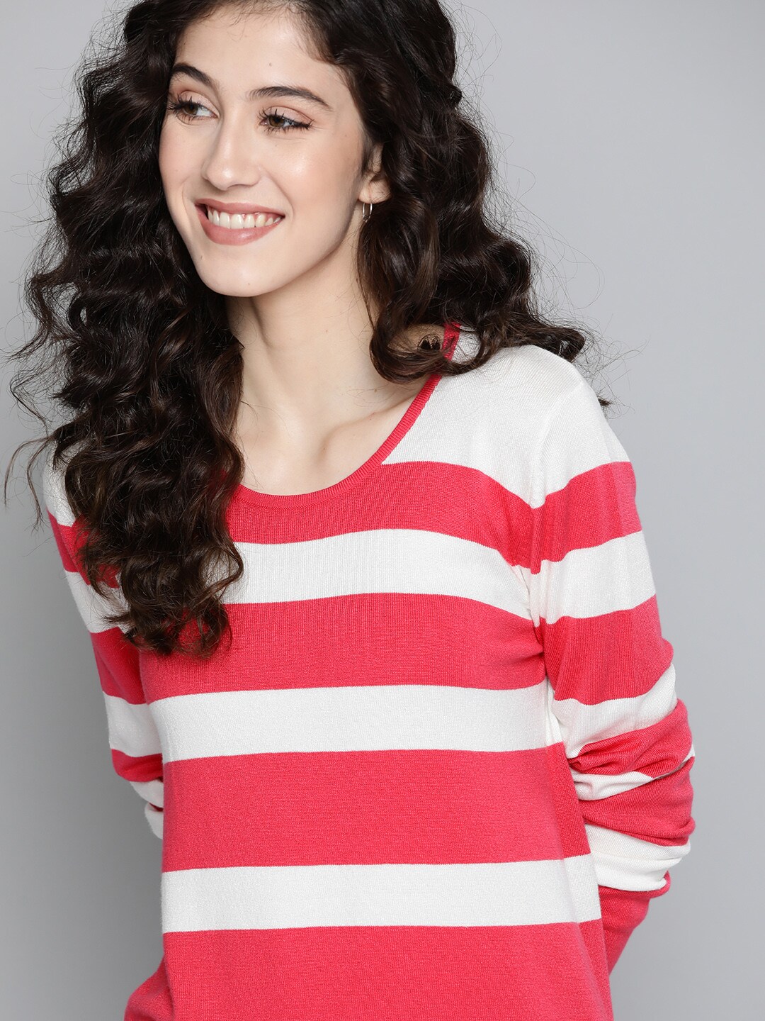 Mast & Harbour Women Coral Pink & White Striped Pullover Price in India