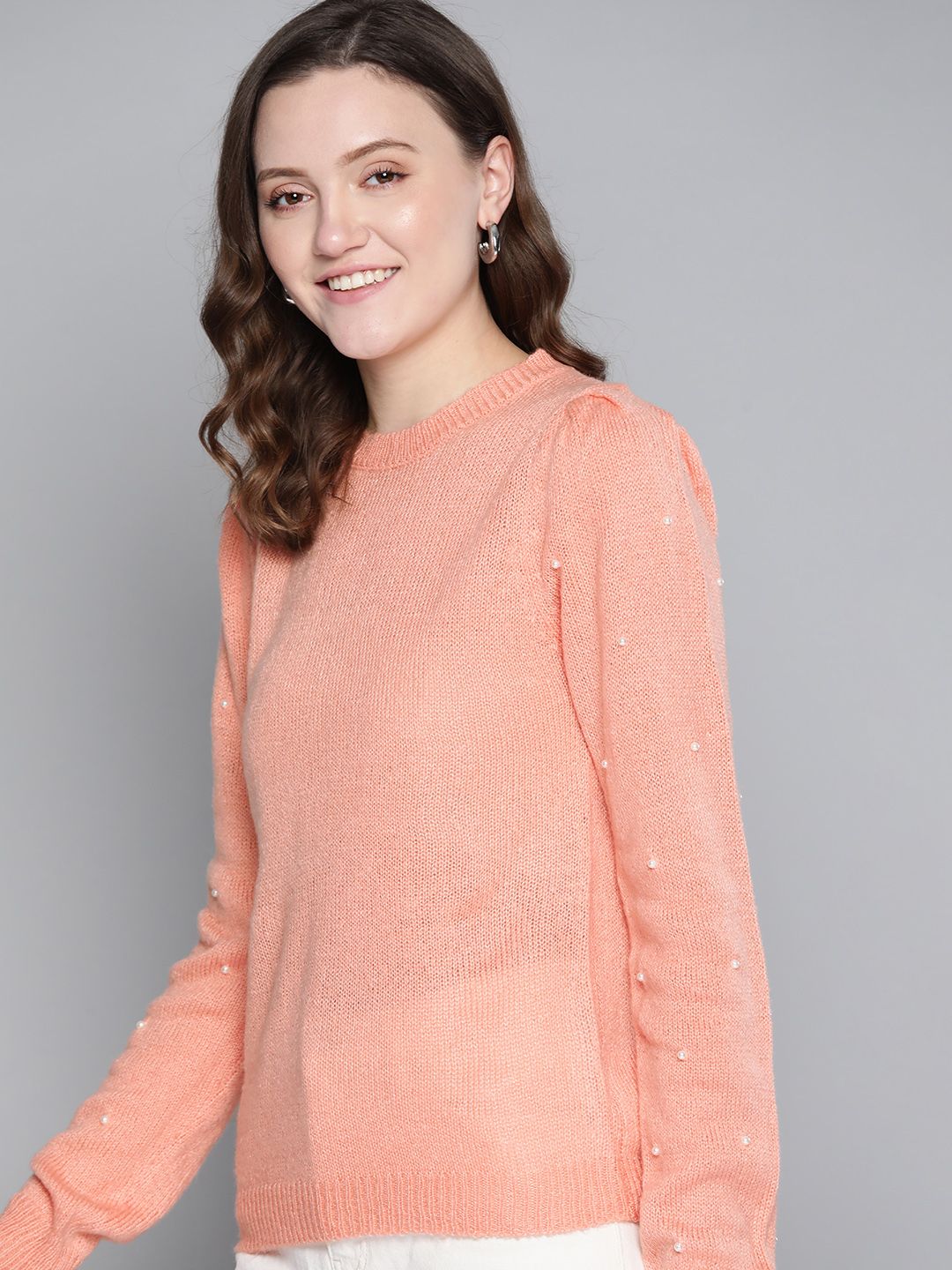 Mast & Harbour Women Peach-Coloured Pullover with Embellished Detail Price in India