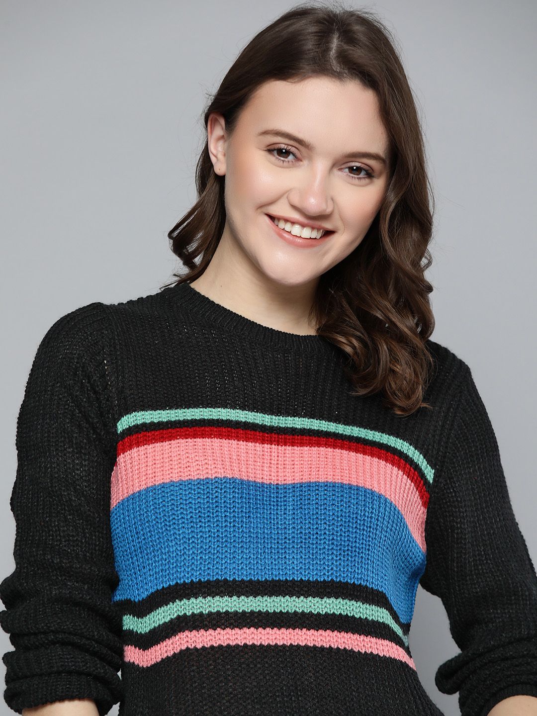 Mast & Harbour Women Black & Blue Striped Pullover Price in India