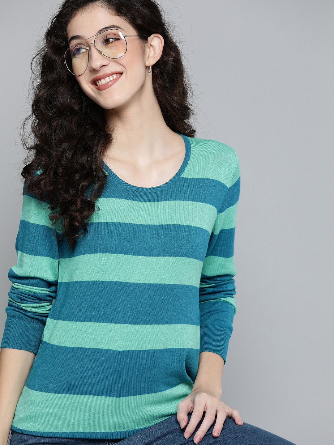 Mast & Harbour Women Blue & Sea Green Striped Pullover Price in India