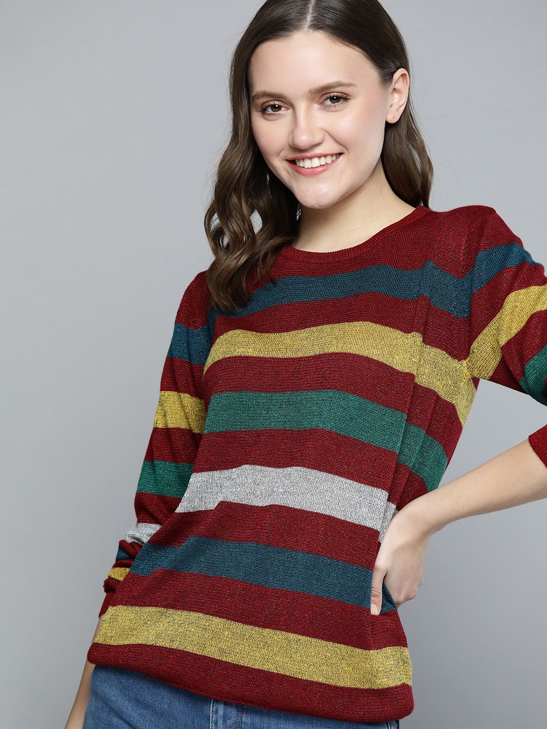Mast & Harbour Women Maroon & Mustard Yellow Striped Pullover Price in India